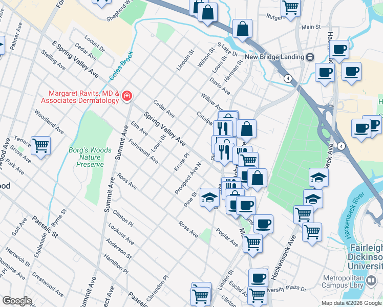 map of restaurants, bars, coffee shops, grocery stores, and more near 64 Spring Valley Avenue in Hackensack