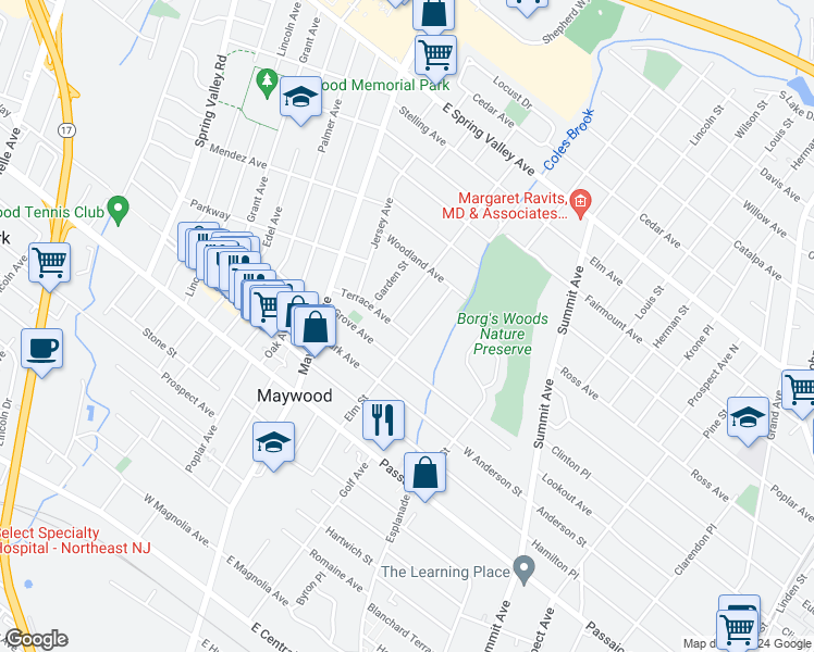 map of restaurants, bars, coffee shops, grocery stores, and more near 653 Coles Street in Maywood