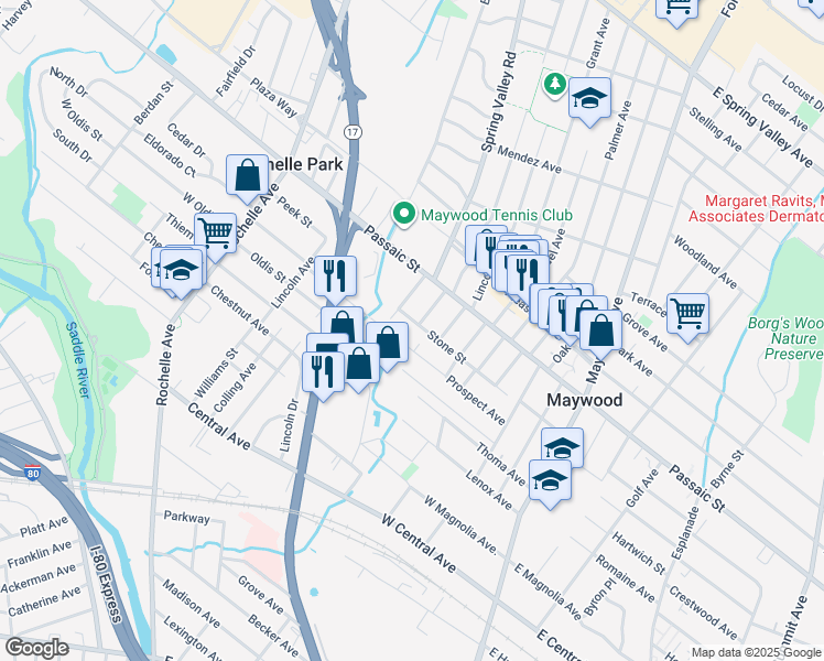 map of restaurants, bars, coffee shops, grocery stores, and more near 455 Davison Street in Maywood