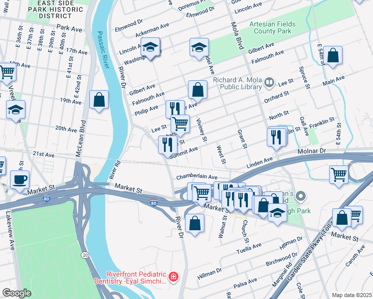 map of restaurants, bars, coffee shops, grocery stores, and more near 57 Summit Avenue in Elmwood Park