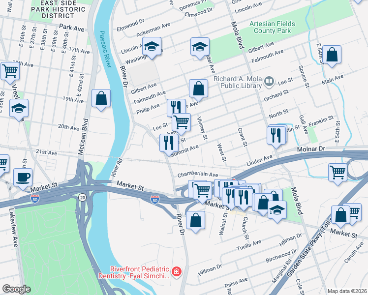 map of restaurants, bars, coffee shops, grocery stores, and more near 57 Summit Avenue in Elmwood Park