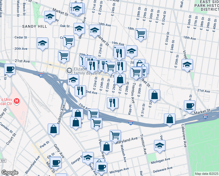 map of restaurants, bars, coffee shops, grocery stores, and more near 1016 East 25th Street in Paterson