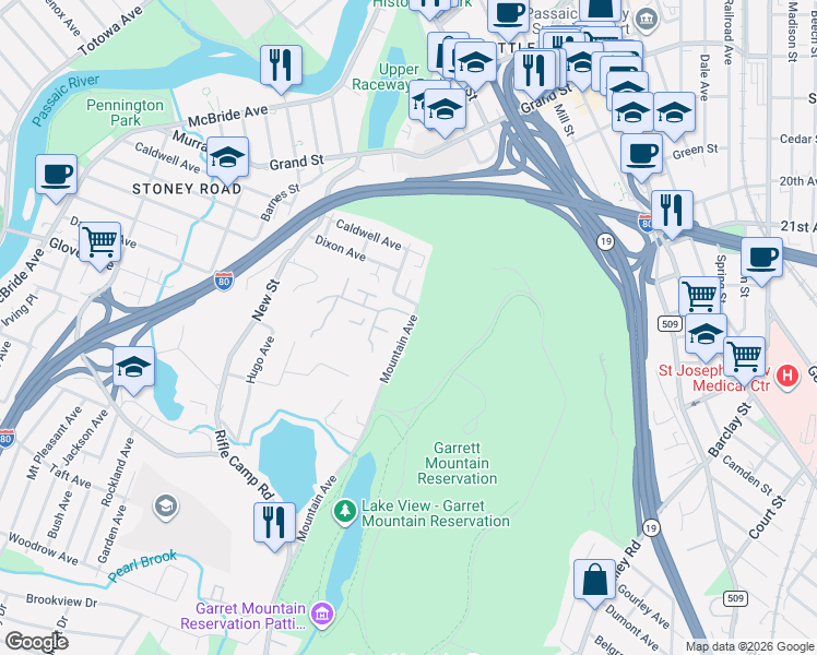 map of restaurants, bars, coffee shops, grocery stores, and more near 8 Quartz Lane in Paterson