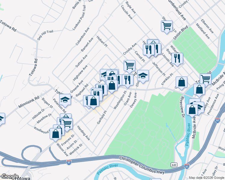 map of restaurants, bars, coffee shops, grocery stores, and more near 382 Totowa Road in Totowa