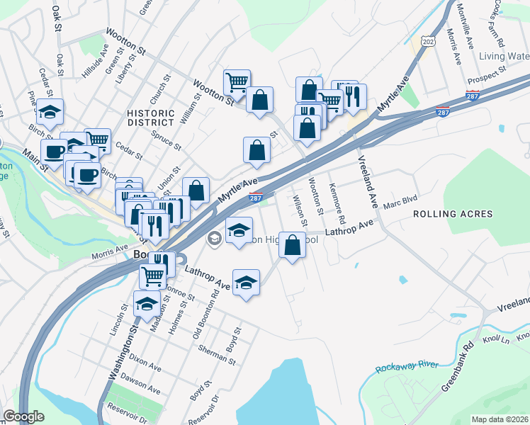 map of restaurants, bars, coffee shops, grocery stores, and more near 169 Kanouse Street in Boonton