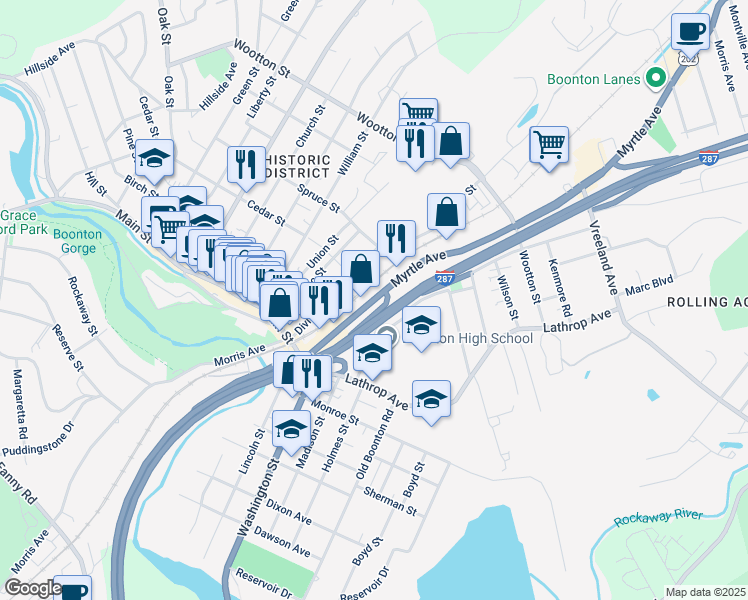 map of restaurants, bars, coffee shops, grocery stores, and more near 250 Myrtle Avenue in Boonton