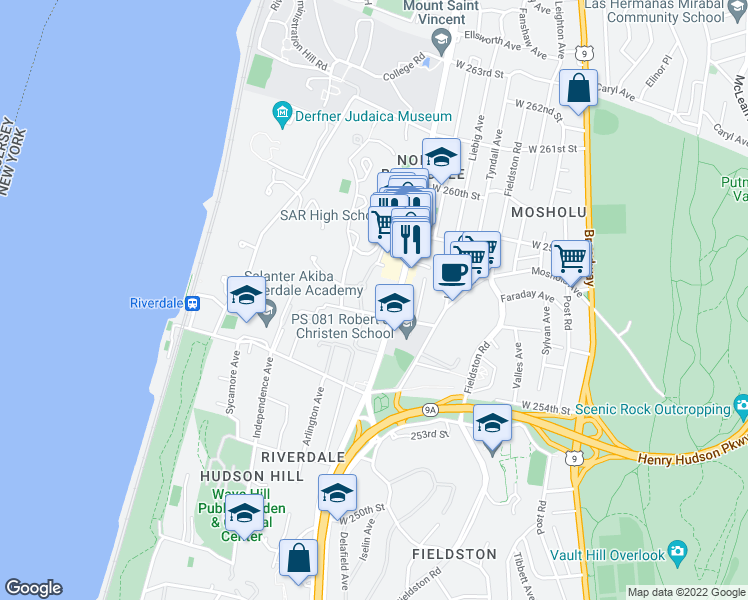 map of restaurants, bars, coffee shops, grocery stores, and more near 5610 Netherland Avenue in Bronx