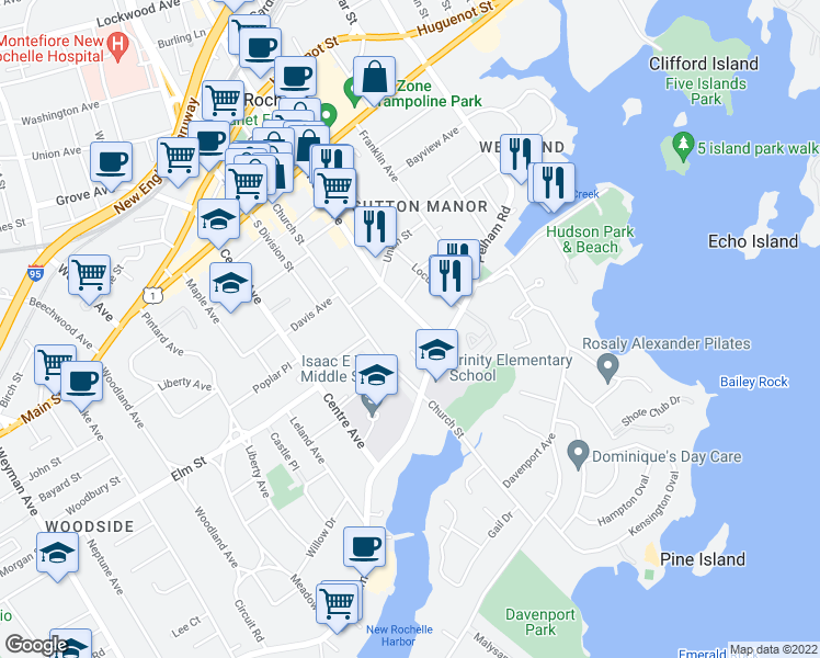 map of restaurants, bars, coffee shops, grocery stores, and more near 23 North Avenue in New Rochelle