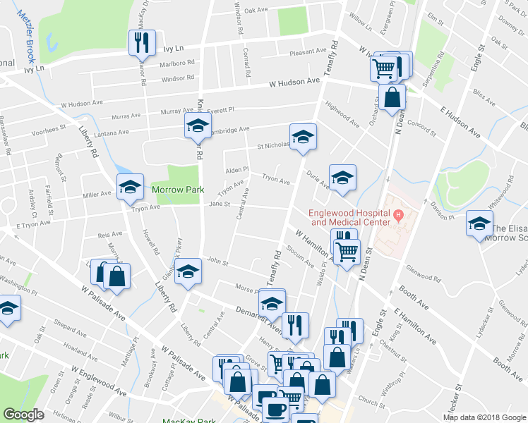 map of restaurants, bars, coffee shops, grocery stores, and more near 150 Jane Street in Englewood