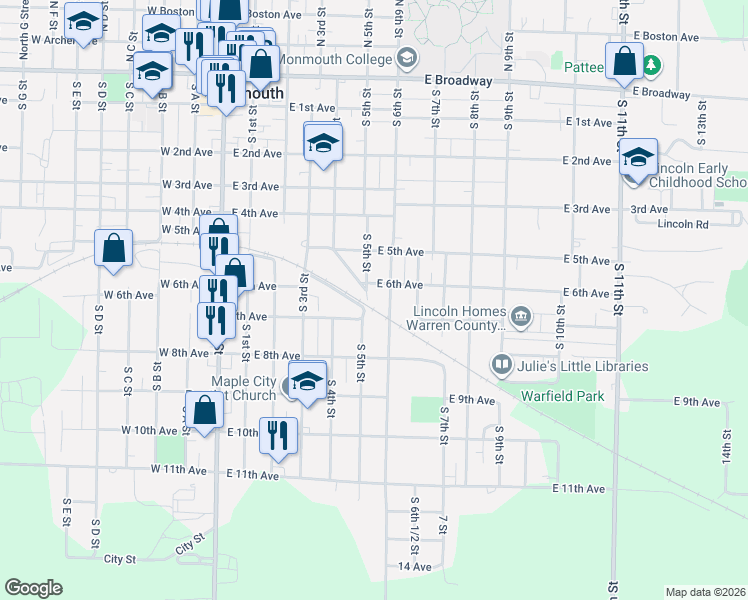 map of restaurants, bars, coffee shops, grocery stores, and more near South 5th Street in Monmouth