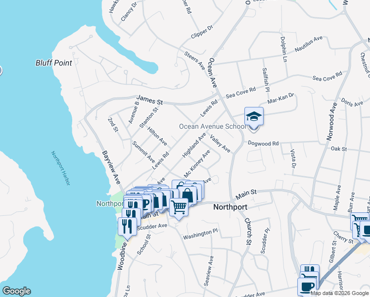 map of restaurants, bars, coffee shops, grocery stores, and more near 171 Highland Avenue in Northport
