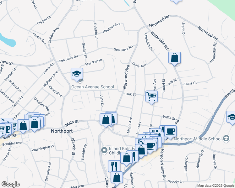 map of restaurants, bars, coffee shops, grocery stores, and more near 79 Norwood Avenue in Northport