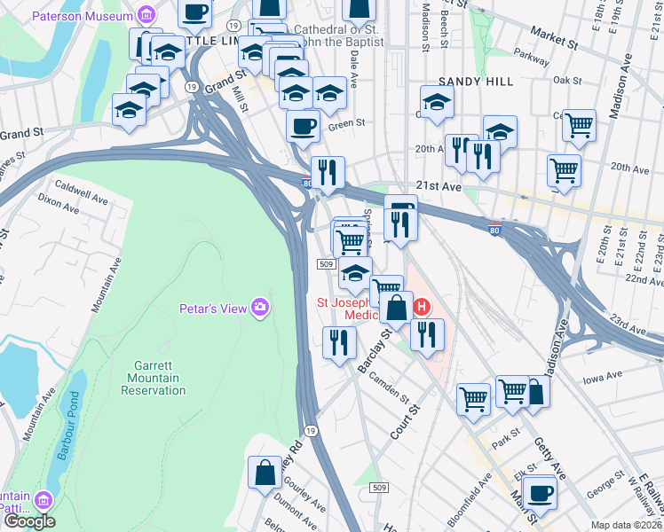 map of restaurants, bars, coffee shops, grocery stores, and more near 240 Marshall Street in Paterson