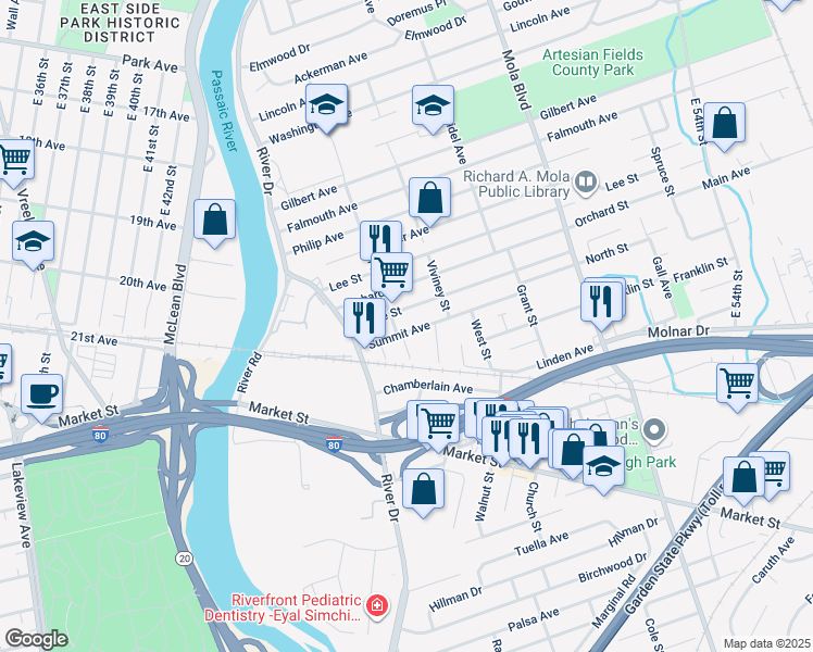 map of restaurants, bars, coffee shops, grocery stores, and more near 57 Summit Avenue in Elmwood Park