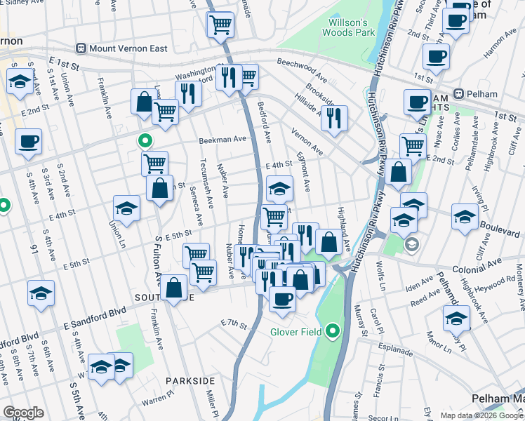 map of restaurants, bars, coffee shops, grocery stores, and more near 40 Elliot Street in Mount Vernon