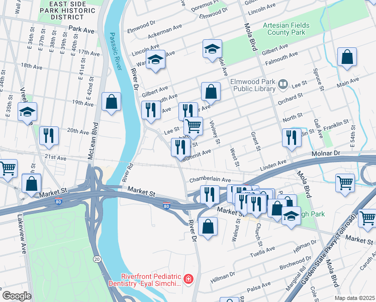 map of restaurants, bars, coffee shops, grocery stores, and more near 24 Grove Street in Elmwood Park