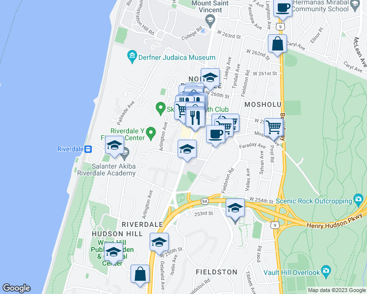 map of restaurants, bars, coffee shops, grocery stores, and more near 5601 Riverdale Avenue in Bronx