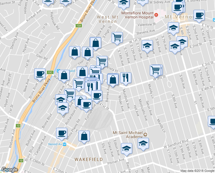 map of restaurants, bars, coffee shops, grocery stores, and more near 4775 Barnes Avenue in Bronx