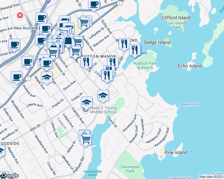 map of restaurants, bars, coffee shops, grocery stores, and more near 140 Pelham Road in New Rochelle