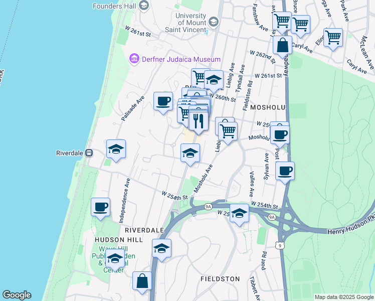 map of restaurants, bars, coffee shops, grocery stores, and more near 5601 Riverdale Avenue in Bronx