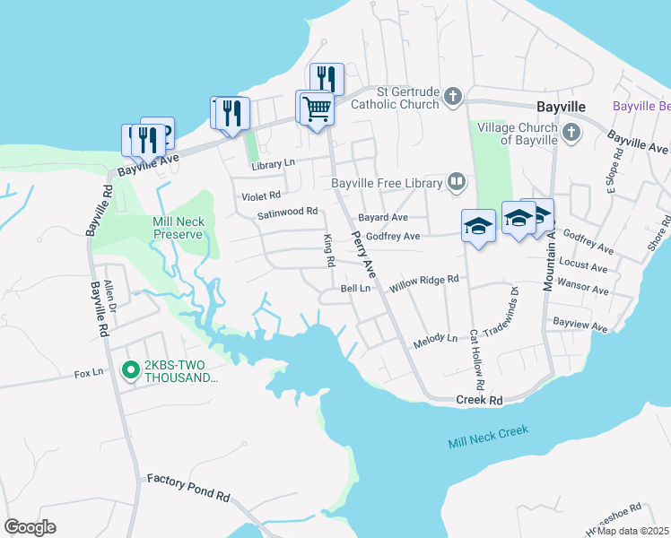 map of restaurants, bars, coffee shops, grocery stores, and more near 35 Hickory Road in Bayville