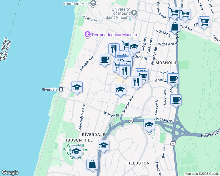 map of restaurants, bars, coffee shops, grocery stores, and more near 5635 Netherland Avenue in Bronx