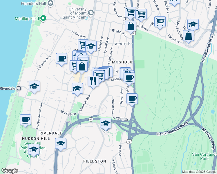 map of restaurants, bars, coffee shops, grocery stores, and more near 5700 Fieldston Road in Bronx
