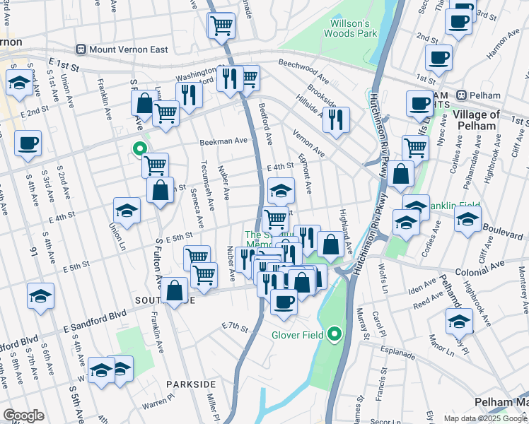 map of restaurants, bars, coffee shops, grocery stores, and more near 40 Elliot Street in Mount Vernon