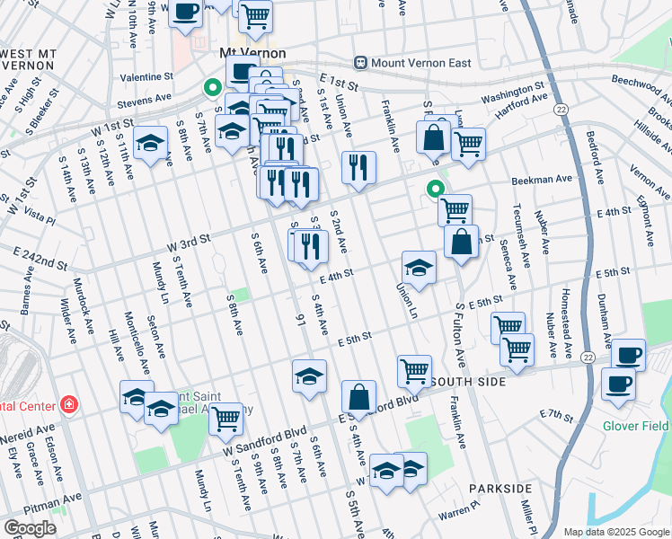 map of restaurants, bars, coffee shops, grocery stores, and more near 260 South 2nd Avenue in Mount Vernon