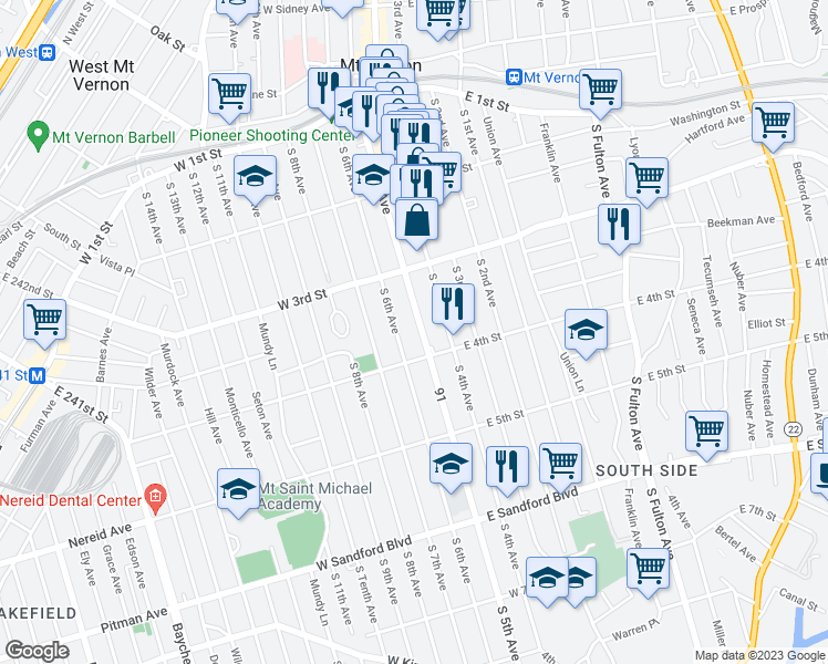 map of restaurants, bars, coffee shops, grocery stores, and more near 244 91 in Mount Vernon