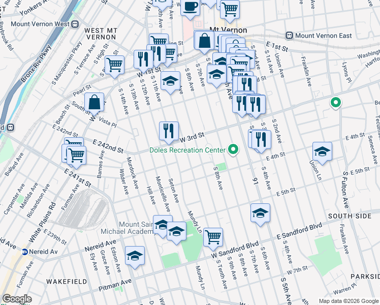map of restaurants, bars, coffee shops, grocery stores, and more near 217 South 10th Avenue in Mount Vernon