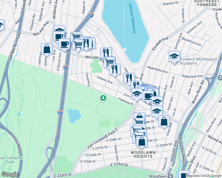 map of restaurants, bars, coffee shops, grocery stores, and more near 18 Aqueduct Avenue in Yonkers