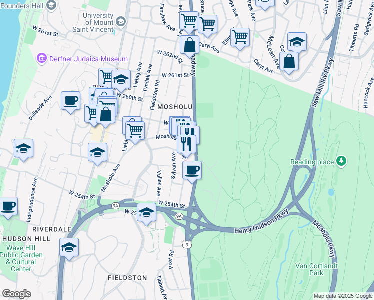 map of restaurants, bars, coffee shops, grocery stores, and more near in Bronx
