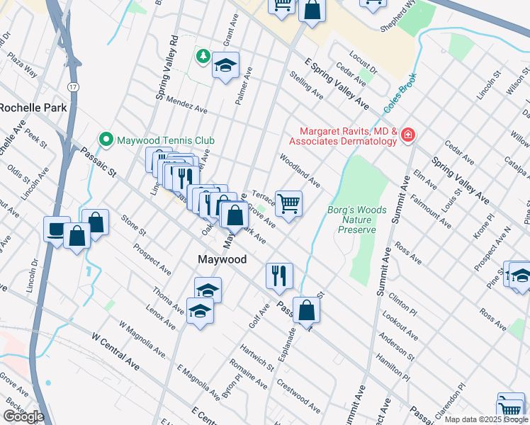 map of restaurants, bars, coffee shops, grocery stores, and more near 21 Grove Avenue in Maywood