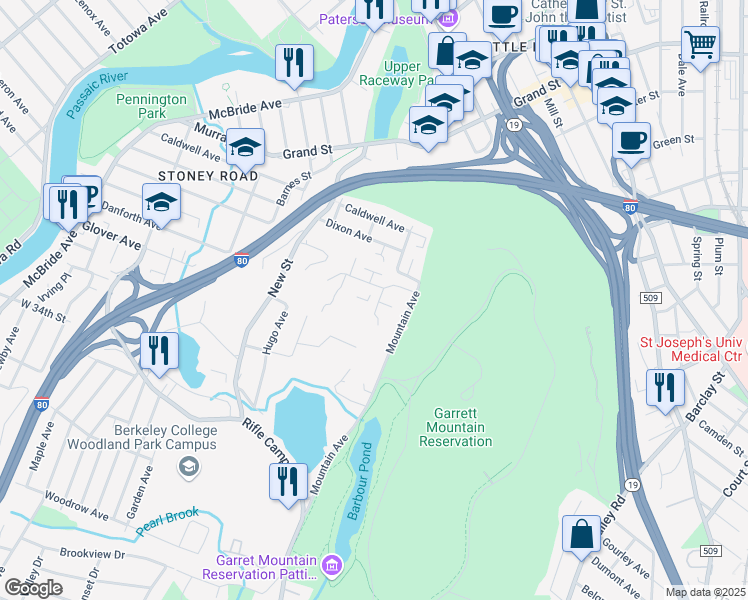map of restaurants, bars, coffee shops, grocery stores, and more near 132 Quartz Lane in Paterson