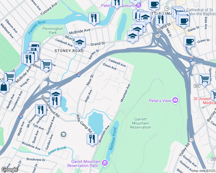 map of restaurants, bars, coffee shops, grocery stores, and more near 21 Amethyst Lane in Paterson