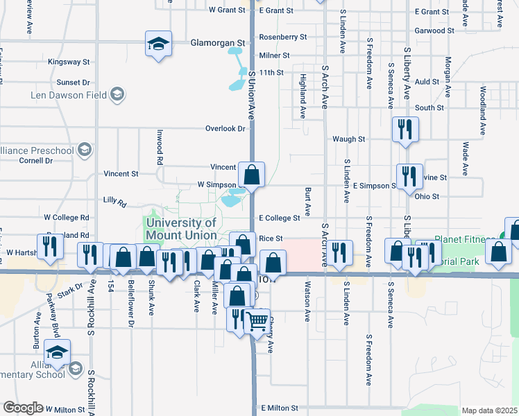 map of restaurants, bars, coffee shops, grocery stores, and more near 1656 South Union Avenue in Alliance