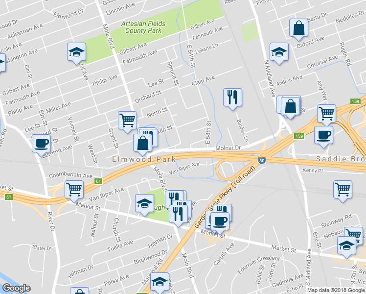 map of restaurants, bars, coffee shops, grocery stores, and more near 146 Linden Avenue in Elmwood Park