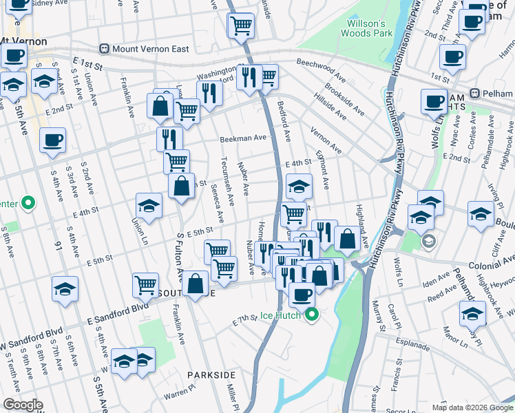 map of restaurants, bars, coffee shops, grocery stores, and more near 14 Elliot Street in Mount Vernon