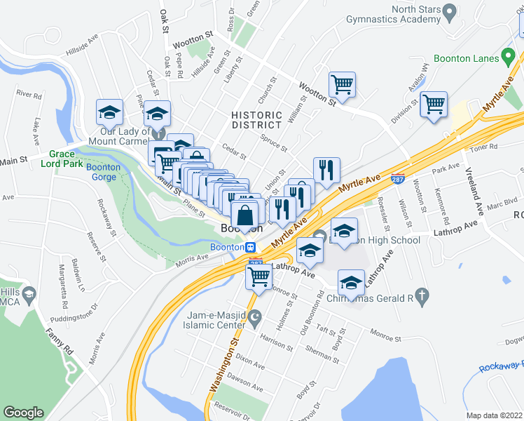 map of restaurants, bars, coffee shops, grocery stores, and more near 120 Birch Street in Boonton
