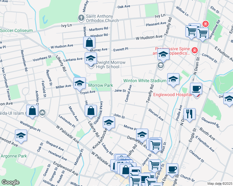 map of restaurants, bars, coffee shops, grocery stores, and more near 191 Knickerbocker Road in Englewood