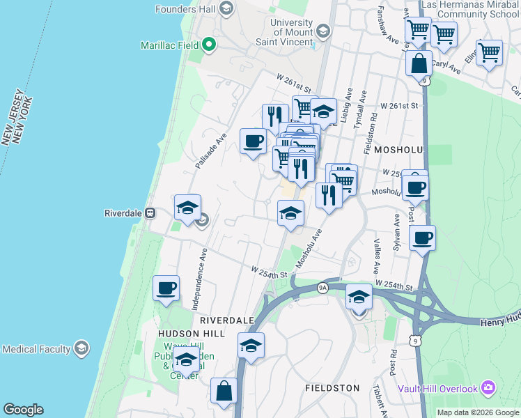 map of restaurants, bars, coffee shops, grocery stores, and more near 5600 Arlington Avenue in The Bronx