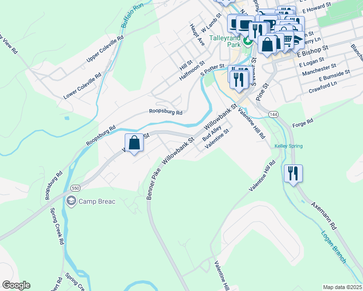 map of restaurants, bars, coffee shops, grocery stores, and more near 723 Willowbank Street in Bellefonte