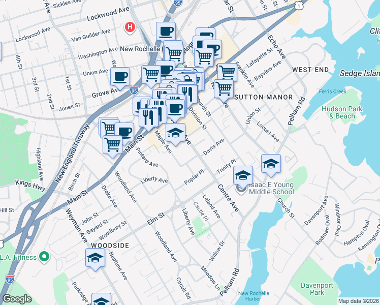 map of restaurants, bars, coffee shops, grocery stores, and more near 167 Centre Avenue in New Rochelle