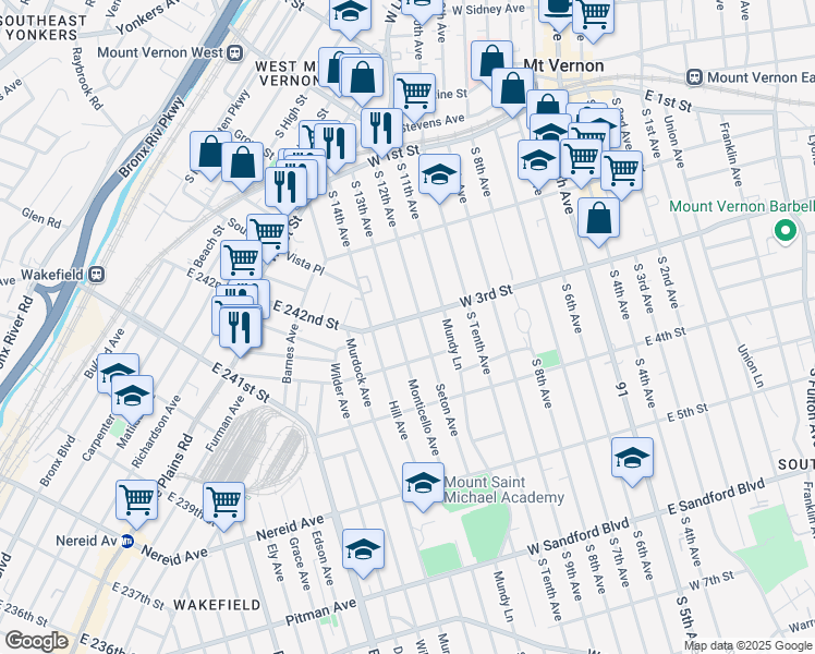 map of restaurants, bars, coffee shops, grocery stores, and more near 212 West 3rd Street in Mount Vernon