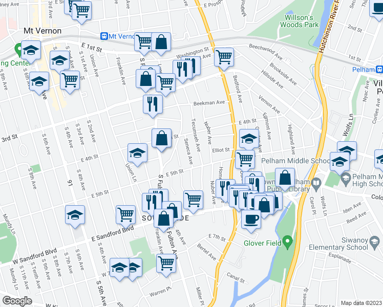 map of restaurants, bars, coffee shops, grocery stores, and more near 333 Seneca Avenue in Mount Vernon