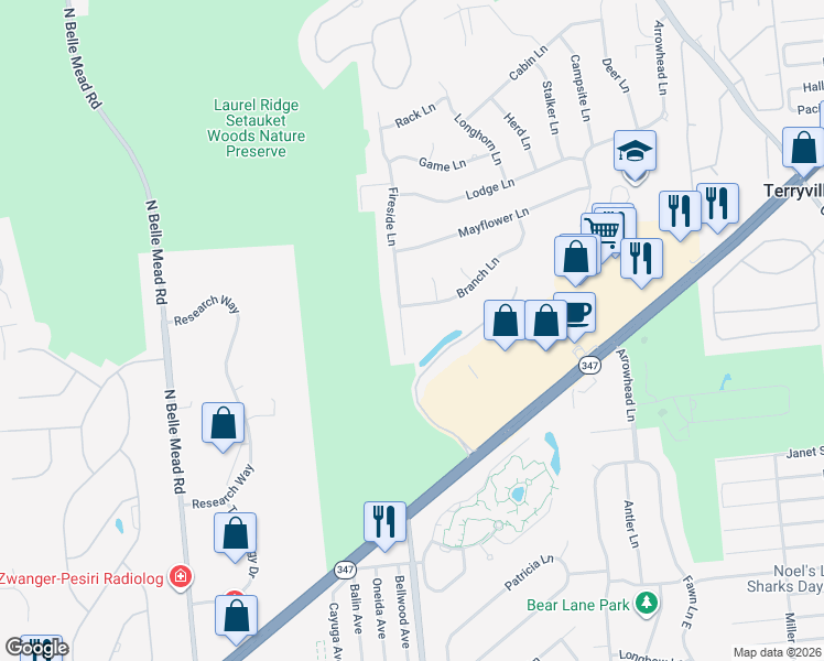 map of restaurants, bars, coffee shops, grocery stores, and more near 63 Fireside Lane in Setauket- East Setauket