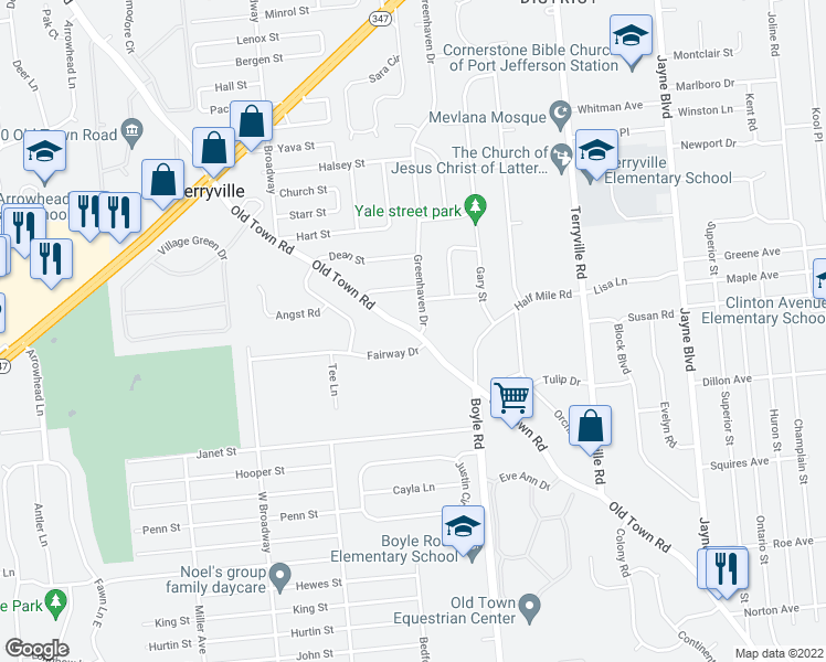 map of restaurants, bars, coffee shops, grocery stores, and more near Old Town Road in Suffolk County
