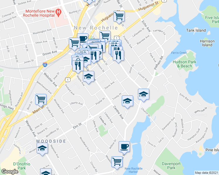 map of restaurants, bars, coffee shops, grocery stores, and more near 34 Davis Avenue in New Rochelle