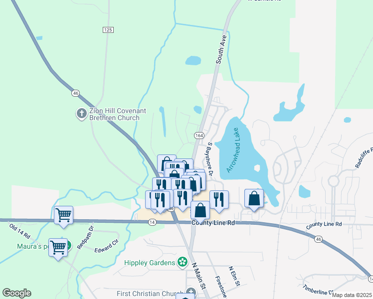 map of restaurants, bars, coffee shops, grocery stores, and more near 14658-14740 South Avenue in Columbiana